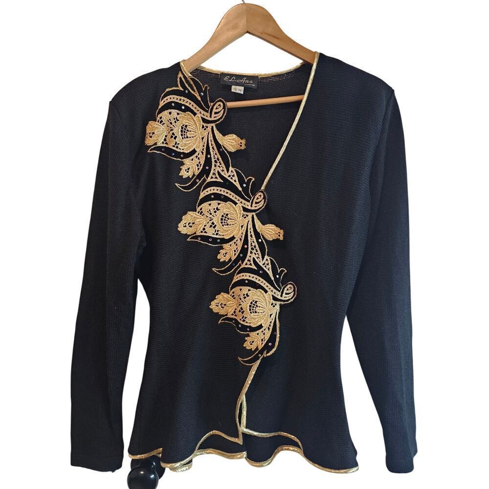 Vintage Floral Sweater Womens Med Black Gold Glam Rock Knit Embellished Evening